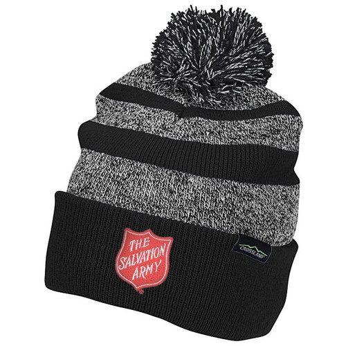 Pom-Pom Heather Black Striped Winter Hat with Shield Embroidery