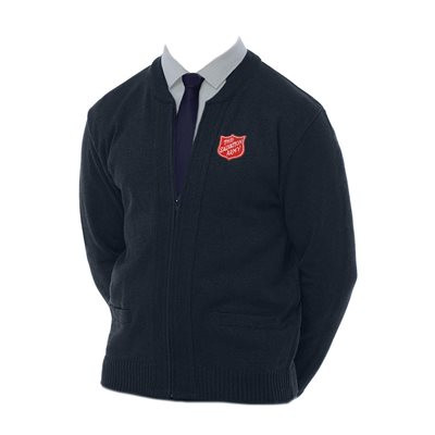 Unisex Navy Blue Zip-Up Sweater With Shield Patch - The Salvation