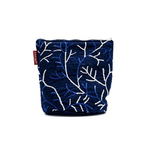 Dark Blue Zipper Pouch with Coral Embroidery