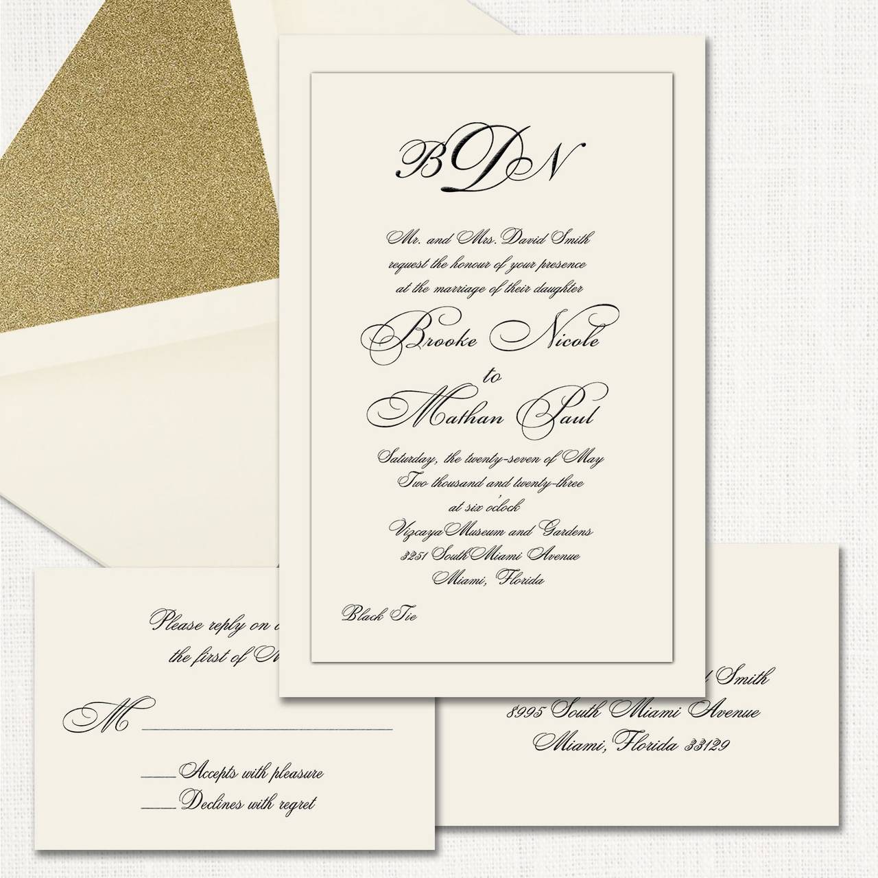 Champagne Luxury Embossed Monogram Wedding Day Invitation with