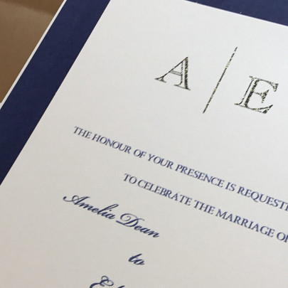 Blue frame thermography gold wedding invitation elegant