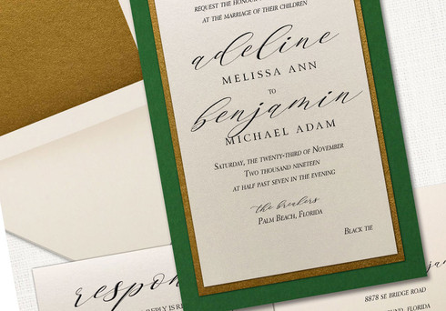 Elegant Wedding Invitation with gold green layer | Leslie
