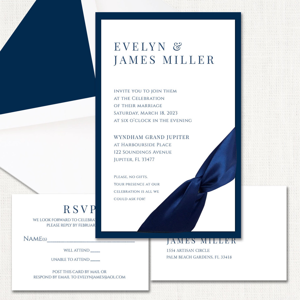 Evelyn Navy Ribbon Wedding Invitations Two Layered Leslie Store