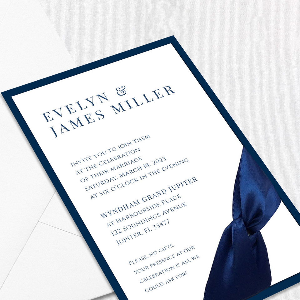 Evelyn Navy Ribbon Wedding Invitations Two Layered Leslie Store