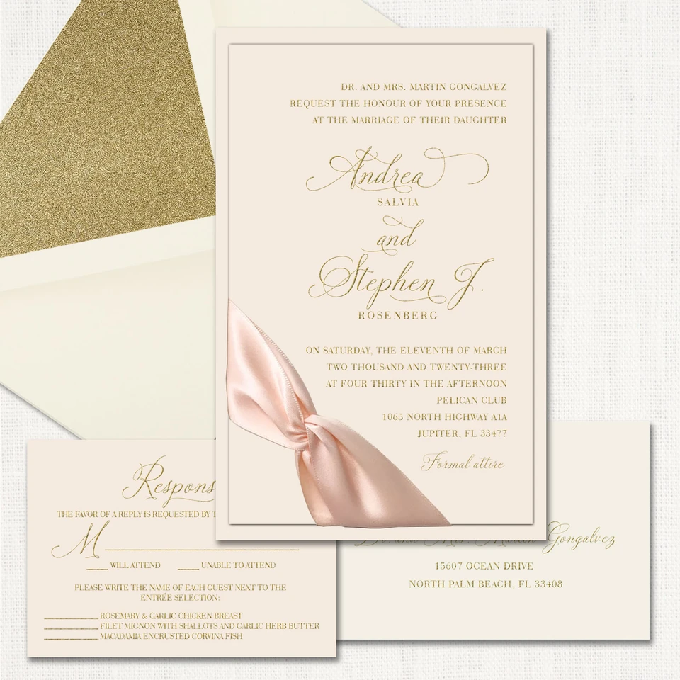 Andrea Blush Ribbon Wedding Invitations Two Layered Leslie Store