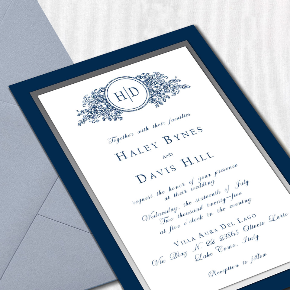 Haley Navy Silver Wedding Invitations Three Layered Leslie Store