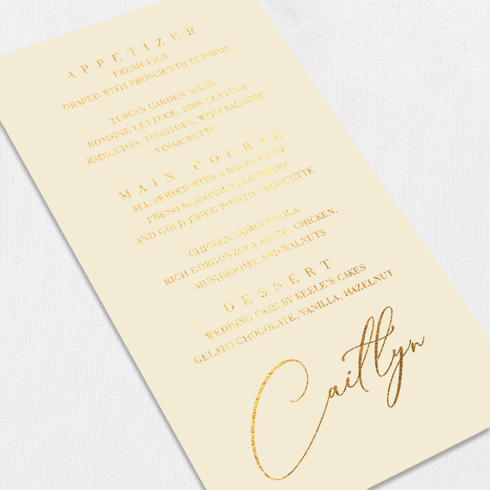Foil Wedding Menu w/ Guest Names Wedding Menu Leslie Stationery Store