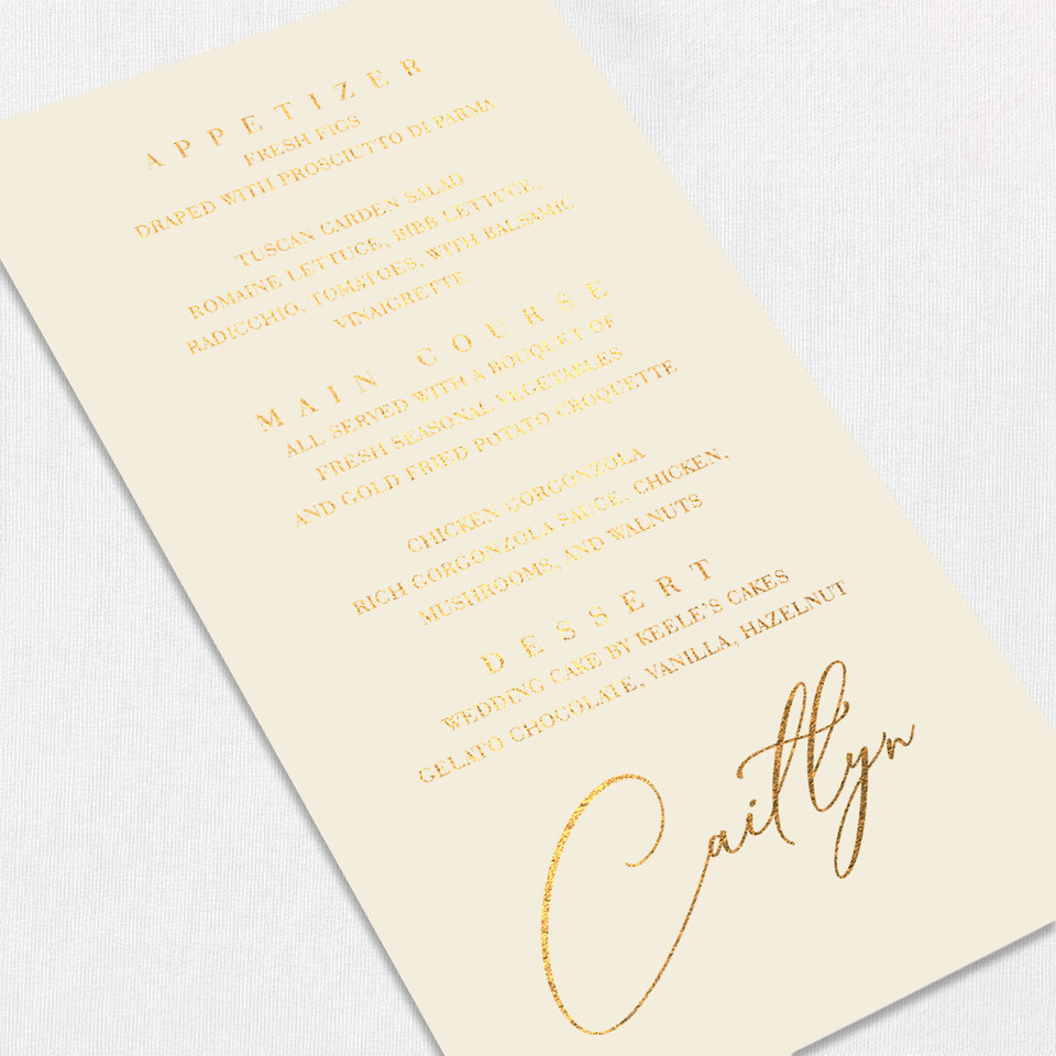 Foil Wedding Menu w/ Guest Names Wedding Menu Leslie Stationery Store