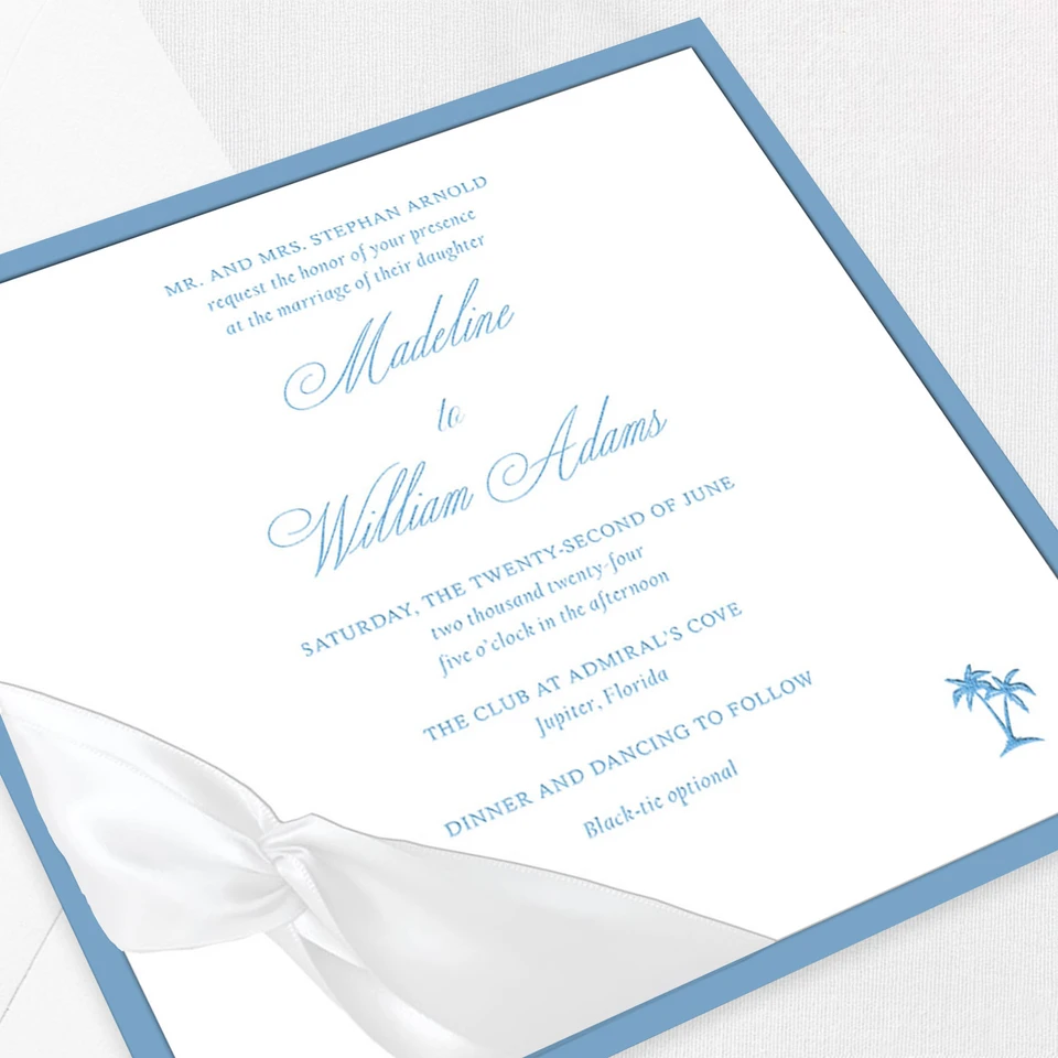Madeline Square Ribbon New Blue Wedding Invitations Two Layered Leslie Stationery Store