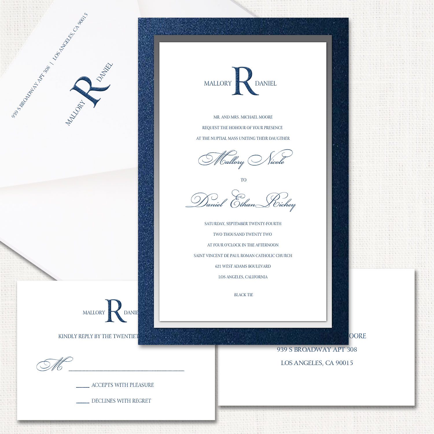Glamour Monogram Blue Wedding Invitations