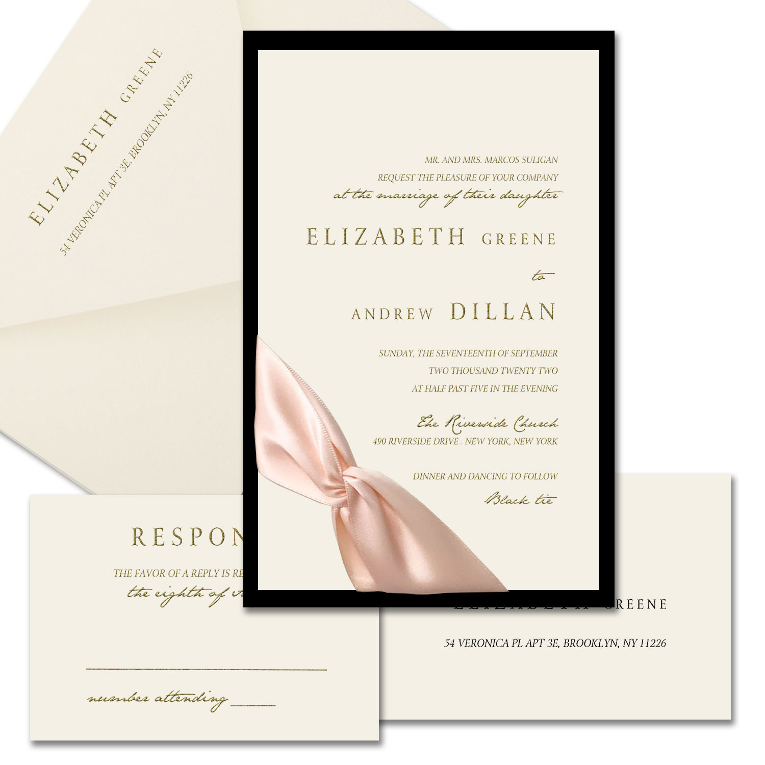Elizabeth Petal Peach Ribbon Wedding Invitations