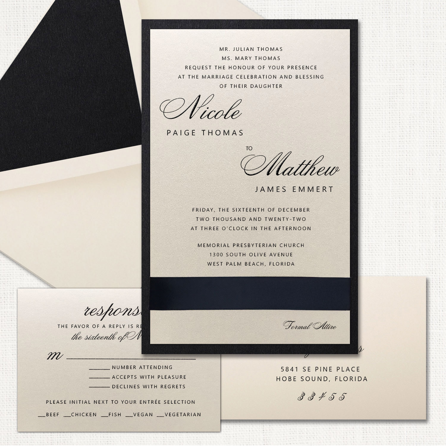 Nicole Black Ribbon Wedding Invitations