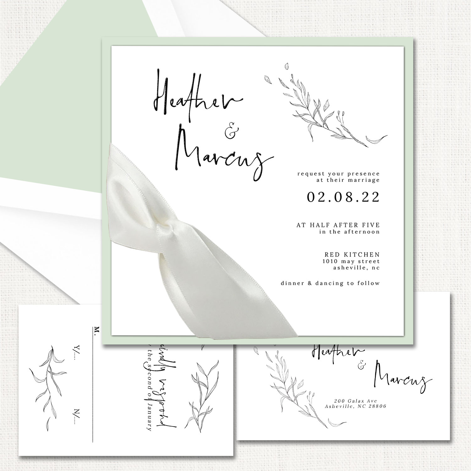 Heather Square Ribbon Wedding Invitations