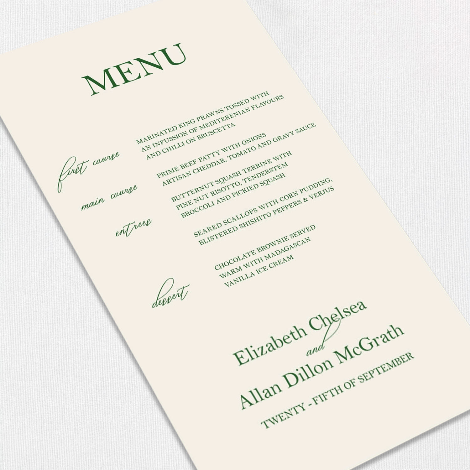 Chelsea Wedding Menu