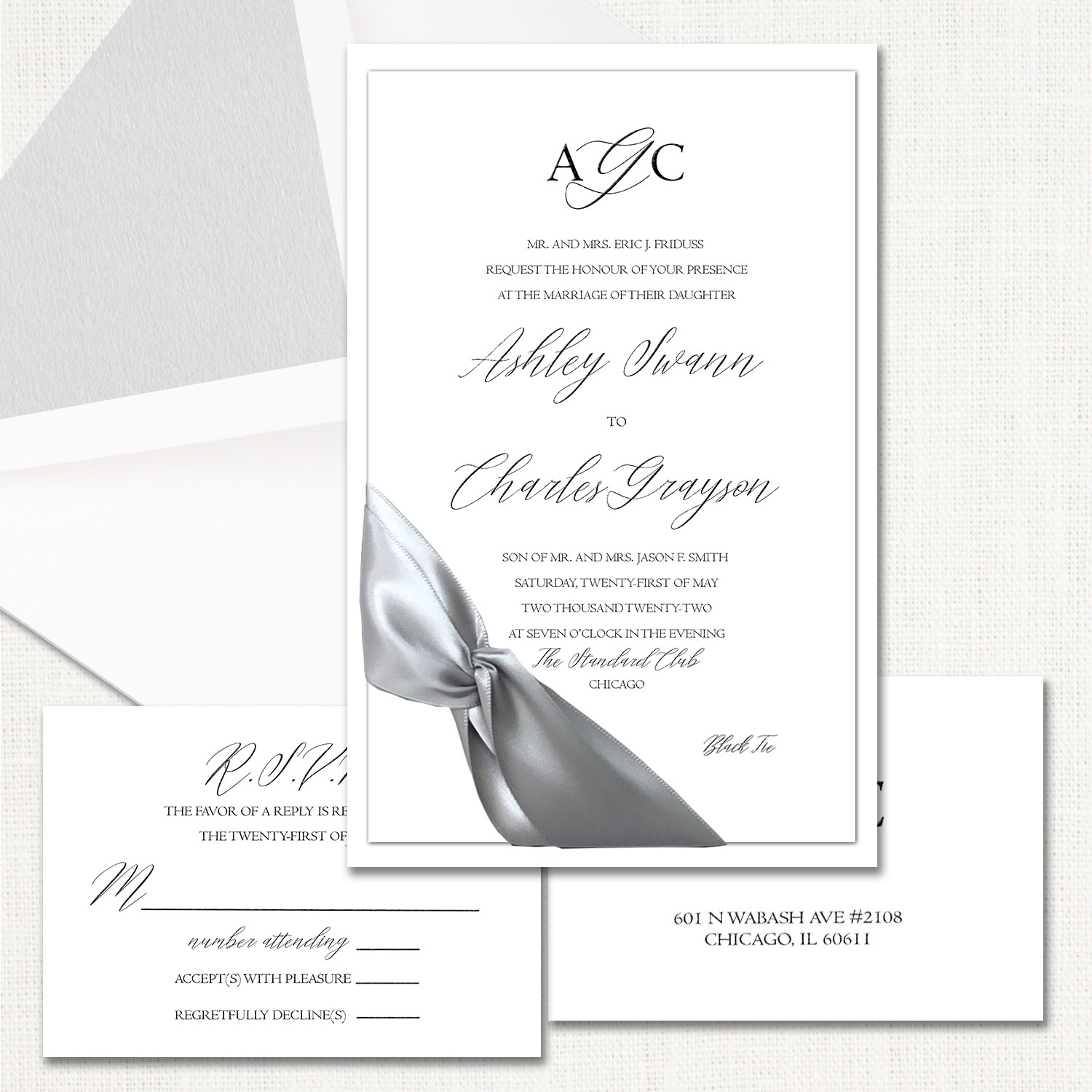 Ashley Silver Ribbon Wedding Invitations