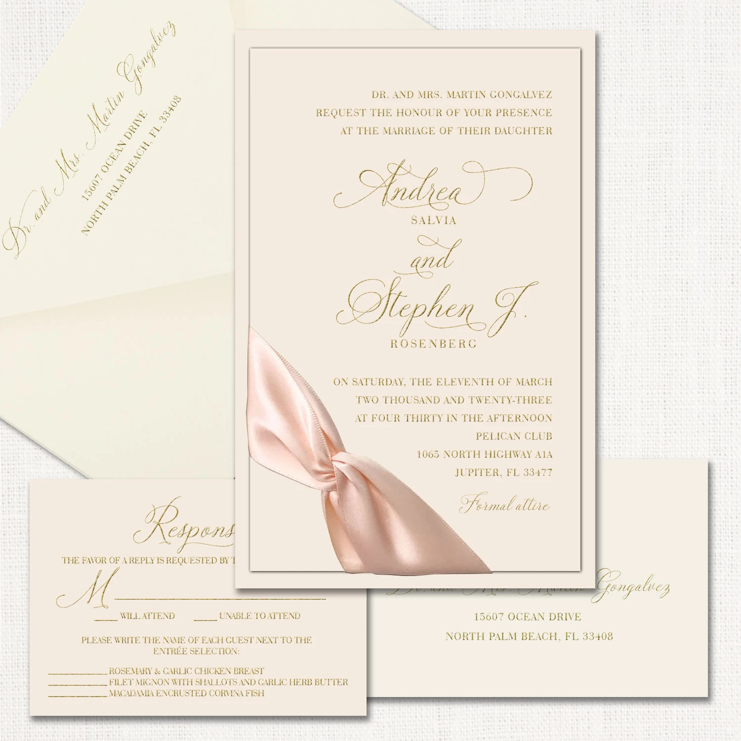 Andrea Blush Ribbon Wedding Invitations