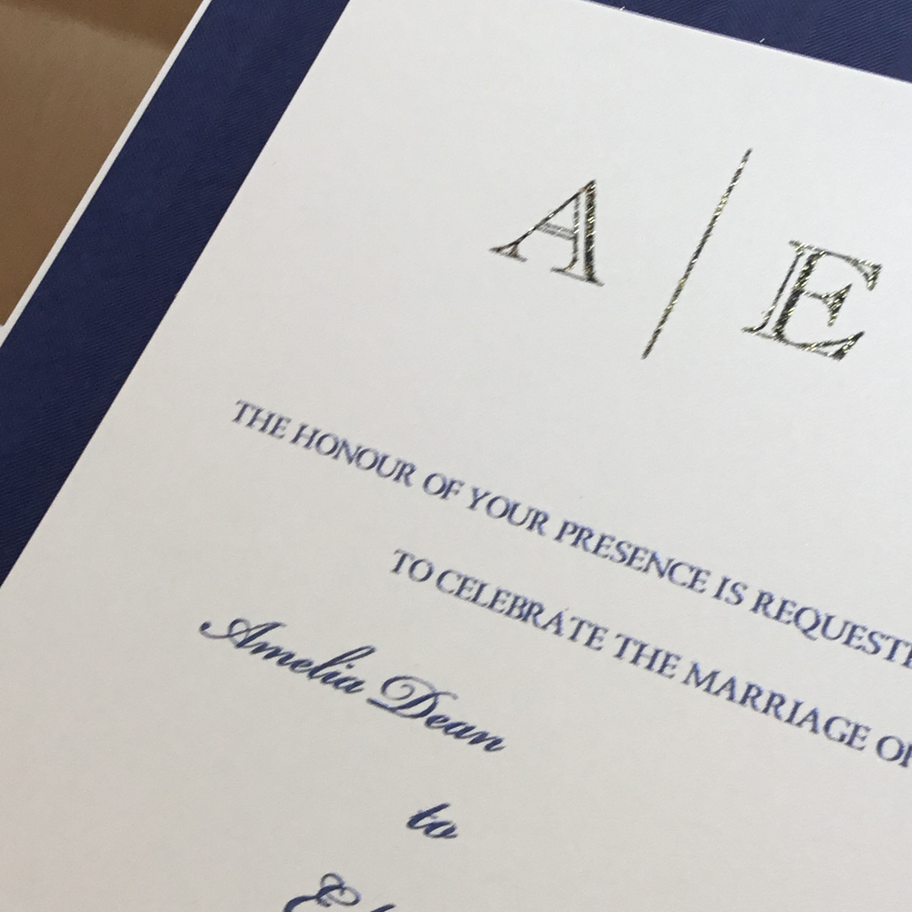 Blue frame thermography gold wedding invitation elegant