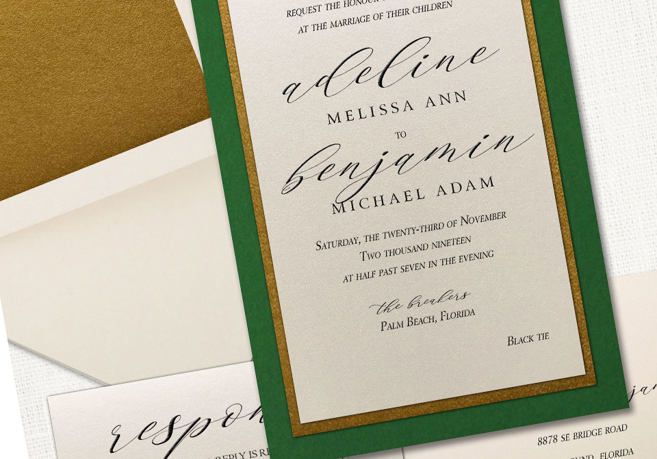 Elegant Wedding Invitation with gold green layer | Leslie