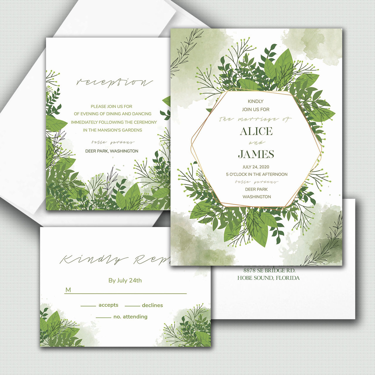Custom watercolor wedding invitations with a mix of fonts
