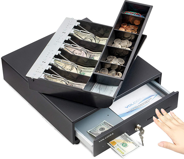 13" Manual Push Open Cash Register Drawer for Point of Sale (POS) System, Black Heavy Duty Till with 4 Bills and 5 Coin Slots, Key Lock with Fully Removable Money Tray and Double Media Slots