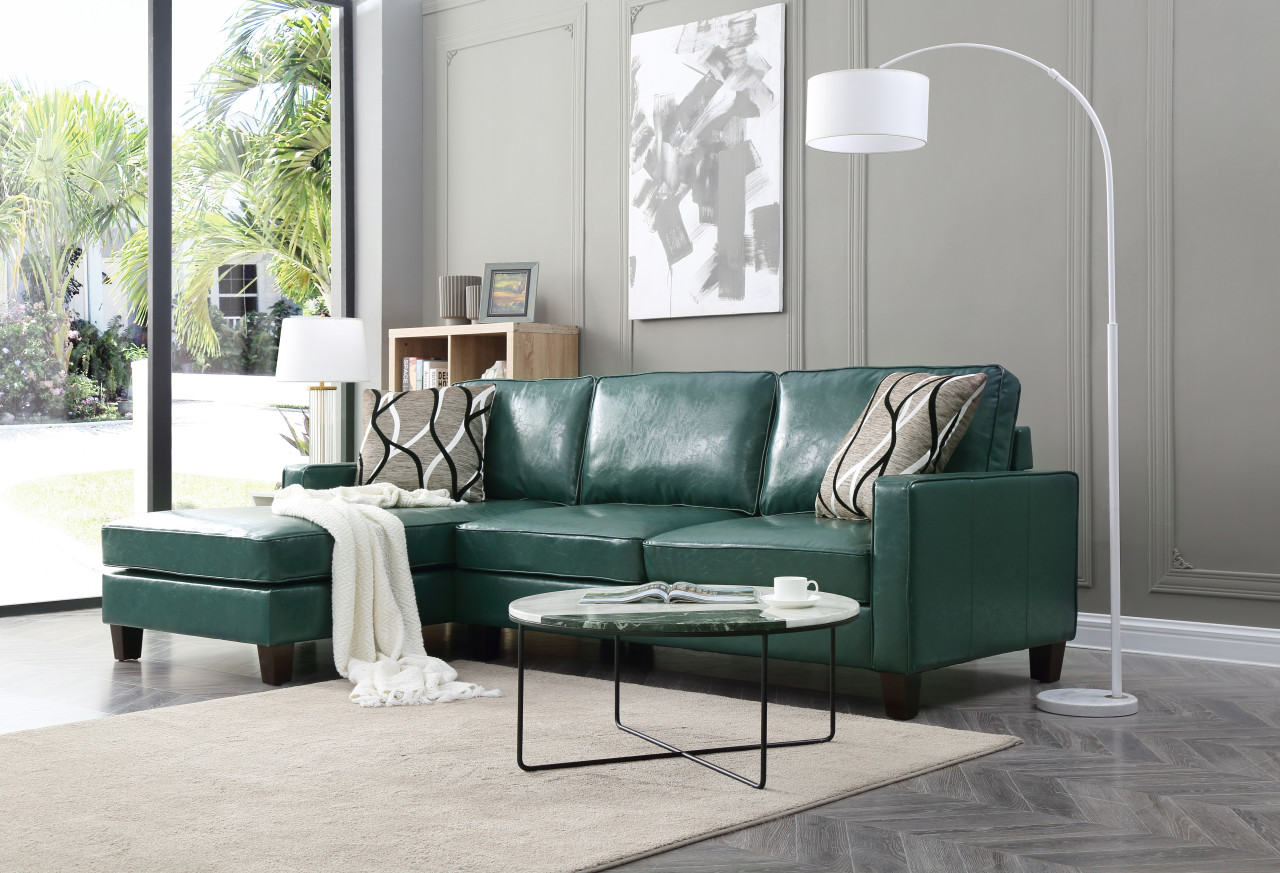 Glenbrook Faux Leather Sectional, Turquoise - Right On Time Furniture