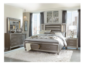 Tamsin Queen Bedroom Set 4PC with Storage,  Silver-Gary Metallic