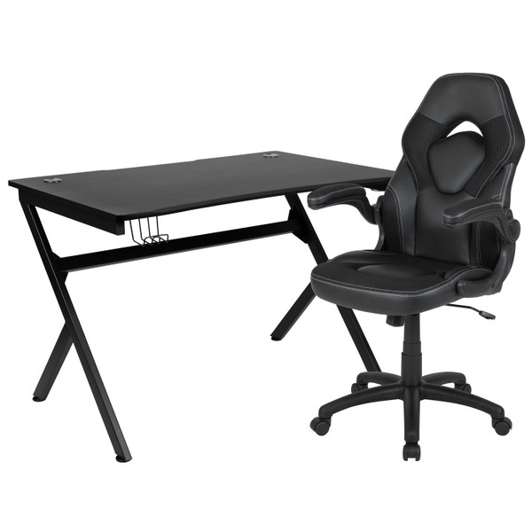Gaming Desk and Black Racing Chair Set with Cup Holder, Headphone Hook & 2 Wire Management Holes