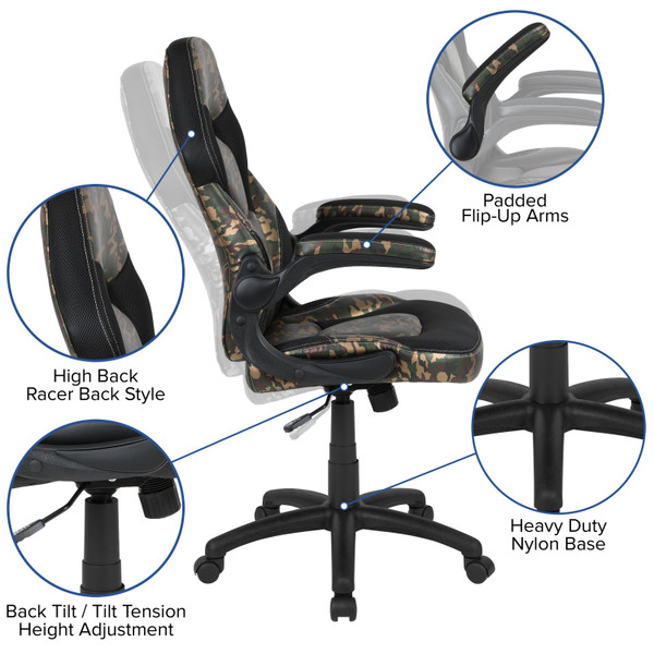 Black Gaming Desk and Camouflage/Black Racing Chair Set with Cup Holder, Headphone Hook & 2 Wire Management Holes