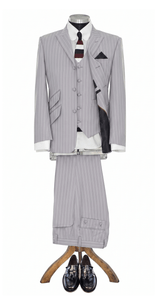Weller white pin stripe in light grey peak lapel 3 piece suit