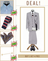 Deal! BUY White Pin Stripe Light Grey Peak Lapel 3 Piece Suit, Get FREE (Shirt+Tie+hanky+collar pin)