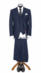 Weller Shadow check Navy 3 Piece Suit for Men