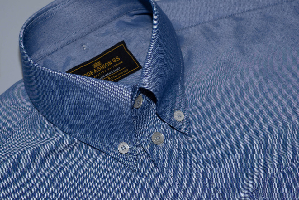 Oxford cotton sky blue button down high collar shirt