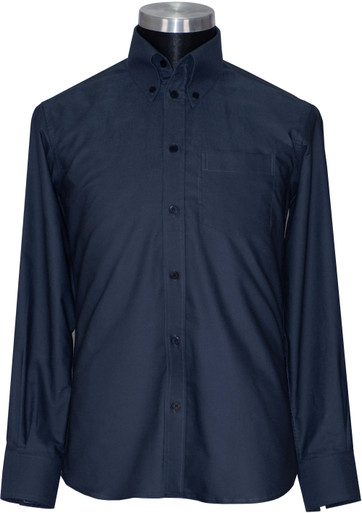 Oxford cotton navy blue button down high collar shirt