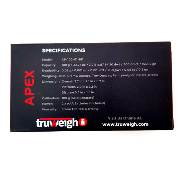 Truweigh Apex Digital Mini Scale 100g x 0.01g back information