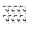 Set of 8 Injector Dynamics ID1050X fuel injectors, grey top adaptors, silver bottom adaptors, front angle view.