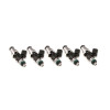 Injector Dynamics ID1050X fuel injectors, set of five, side angle view showing tops, nozzles and o-rings