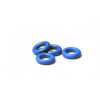 Four blue rubber Injector Dynamics 14mm top o-rings arranged loosely on a white background.