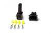 Injector Dynamics OBD2 Honda male connector kit with two 4 pin housings, yellow seals, and terminal pins