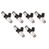 Set of six Injector Dynamics ID1300X fuel injectors for Audi/VW VR6, silver bodies with black top connectors, angled view