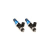 Pair of Injector Dynamics 2600-XDS fuel injectors, blue bodies, black connectors, side view