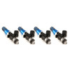 Set of four Injector Dynamics 2600-XDS fuel injectors, blue bodies, 11mm tops, angled side view