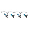 Set of four Injector Dynamics 2600-XDS fuel injectors, blue bodies with wiring adapters, front angle view