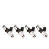 Set of four Injector Dynamics 2600-XDS fuel injectors, side angle, black connectors, silver bodies