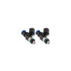 Injector Dynamics ID1050X fuel injectors, set of two, side view showing blue top connectors and green o-rings.
