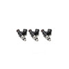 Set of three Injector Dynamics 1050-XDS fuel injectors, 11mm machined tops, side view showing electrical connectors and fuel inlets