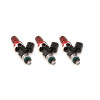 Injector Dynamics 2600-XDS fuel injectors, set of three, red adapter tops, side angle view