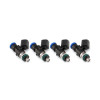 Set of four Injector Dynamics 2600-XDS fuel injectors, side view showing electrical connectors and blue top O-rings