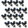Set of 16 Injector Dynamics ID1050X fuel injectors, angled view showing blue connectors and 14mm lower O-rings