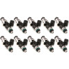 Injector Dynamics 1340cc fuel injectors, set of 10, front view showing grey tops and green o-rings