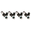 Set of four Injector Dynamics 1340cc fuel injectors, side view, grey tops with green o-rings and black connectors.
